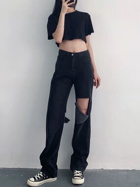 Vintage Black Distressed Cutout Knee Baggy Wide Leg Jeans